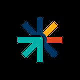 Colorful pinwheel or star shape with six directional arrows in teal, blue, yellow, orange, and red on a black background