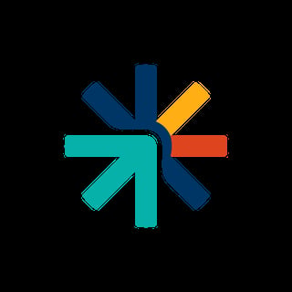 Colorful pinwheel or star shape with six directional arrows in teal, blue, yellow, orange, and red on a black background