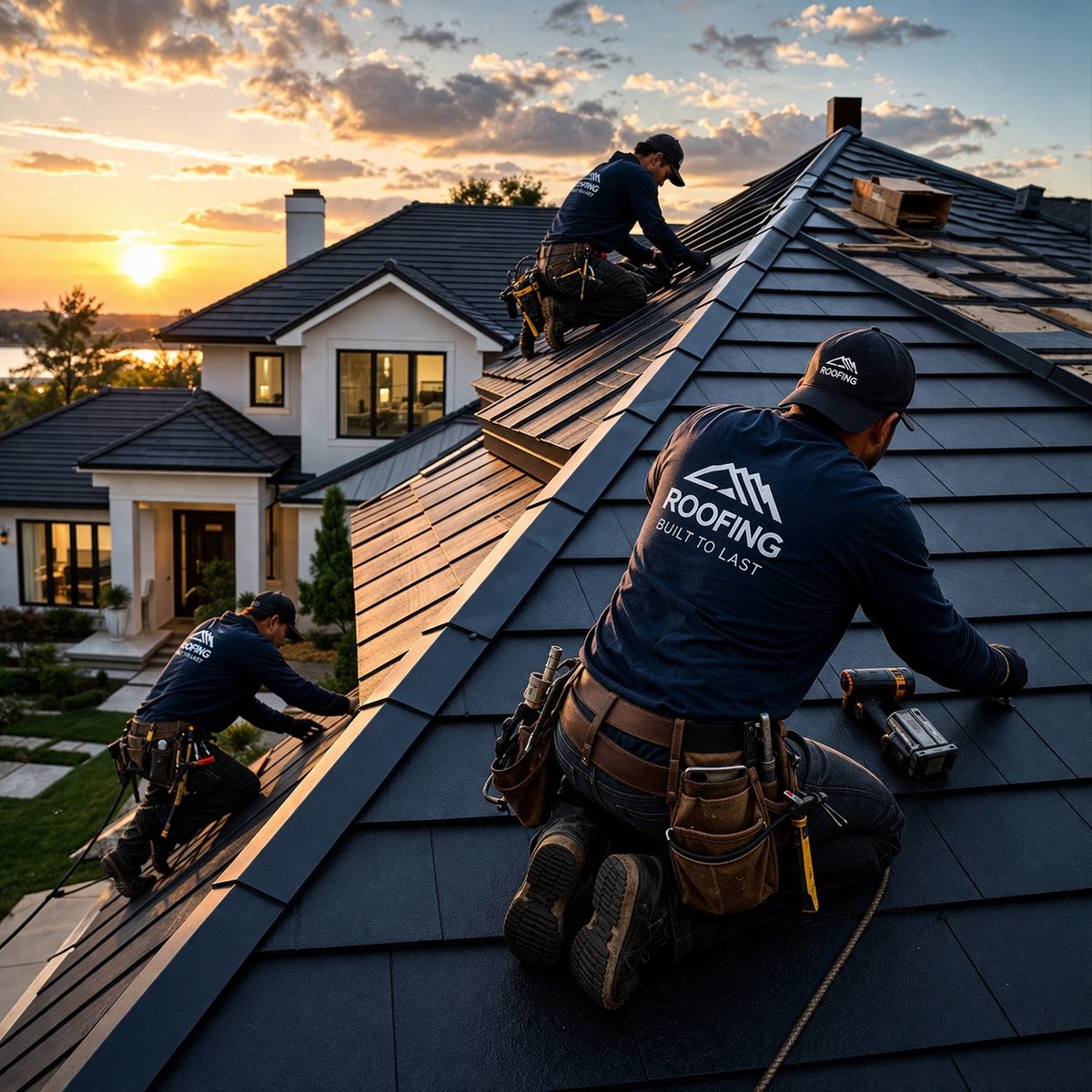 Three roofing workers installing shingles on a house roof at sunset, with lit windows visible below