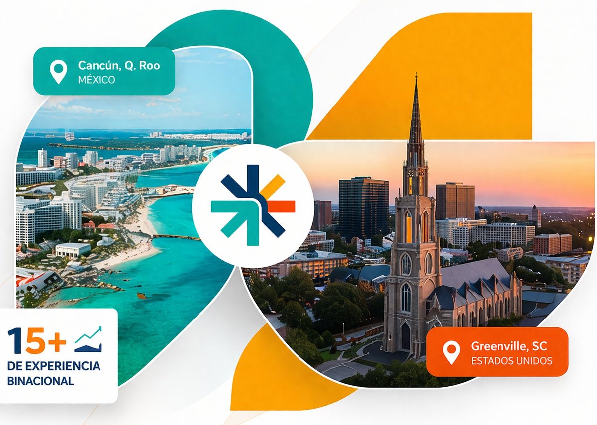 Travel comparison showing Cancun Mexico beach resort and Savannah USA cathedral with 15+ years bilingual experience logo