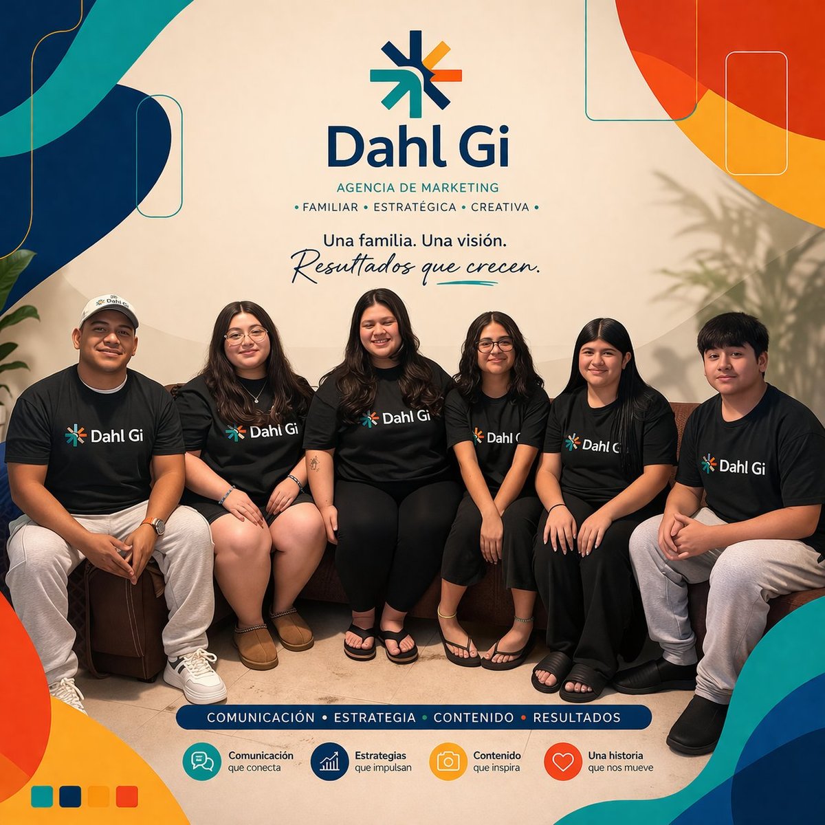 Six team members of Dahl Gi marketing agency sitting together in front of their branded wall, all wearing black t-shirts with the company logo