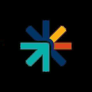 Colorful starburst logo with eight arrows radiating from center in teal, blue, orange, and yellow on black background